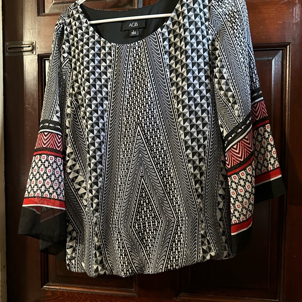 Women’s print blouse, size large, navy, red, and white